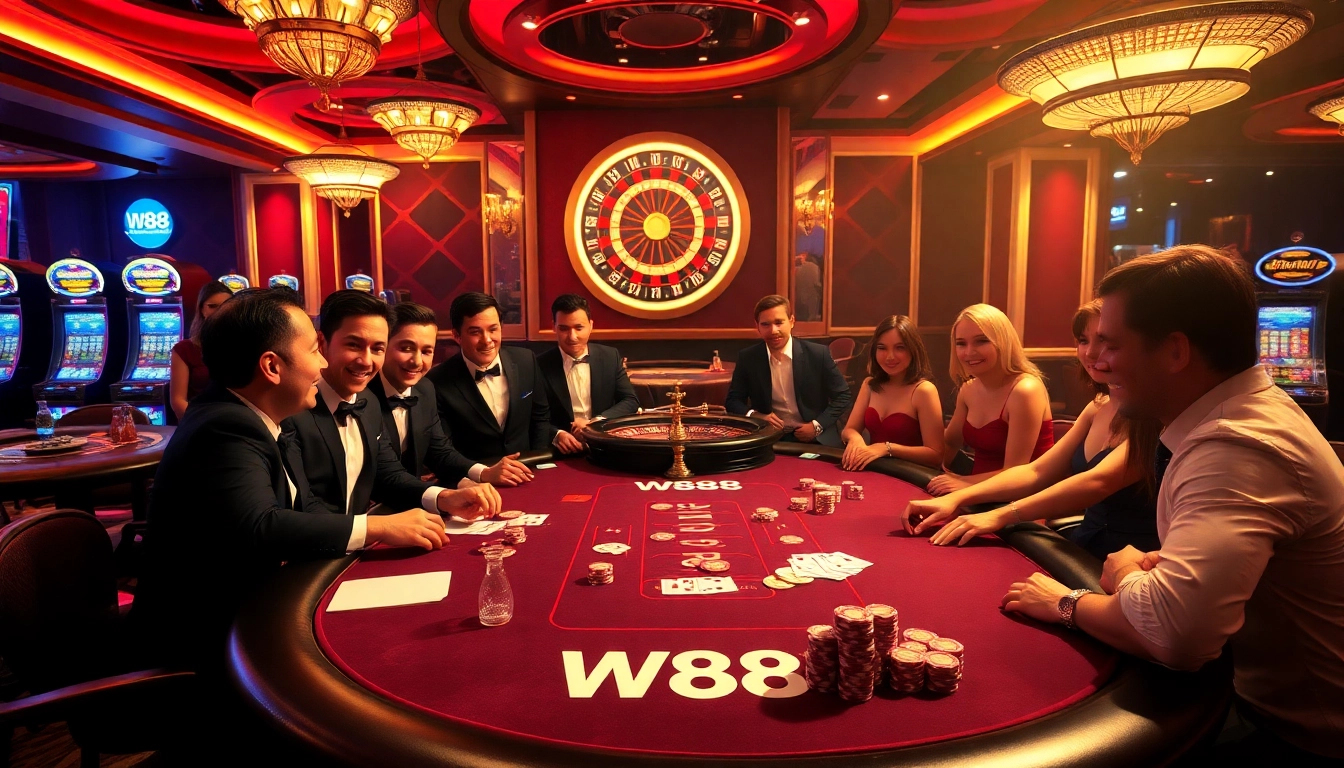 W88 poker action at a luxurious casino table with professional dealers and vibrant gameplay.