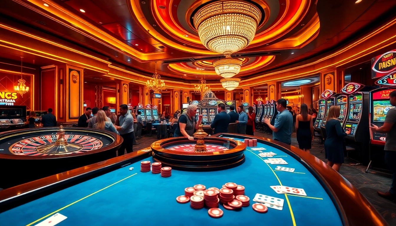 XOSO66 casino scene showcasing roulette, poker, and slot machines with vibrant ambiance.