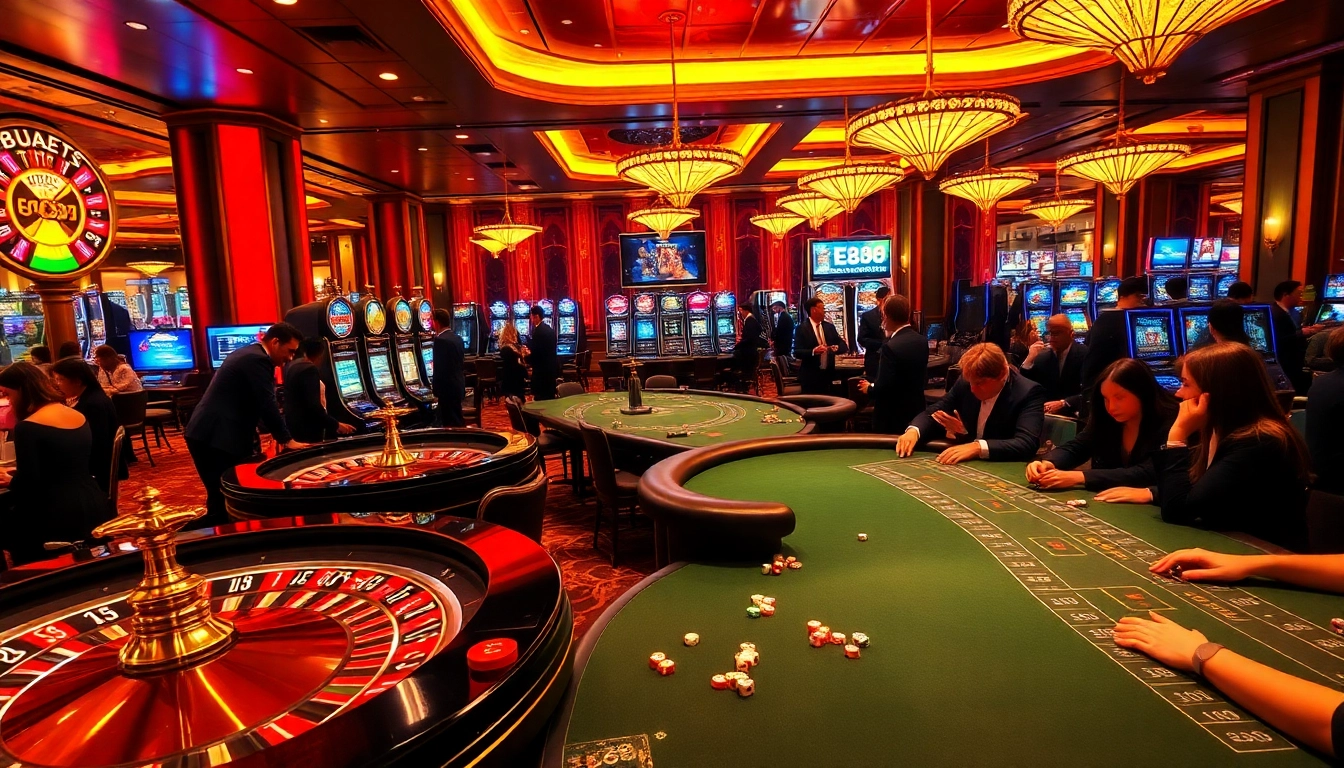 EE88 casino atmosphere showcasing thrill with roulette tables and poker players.