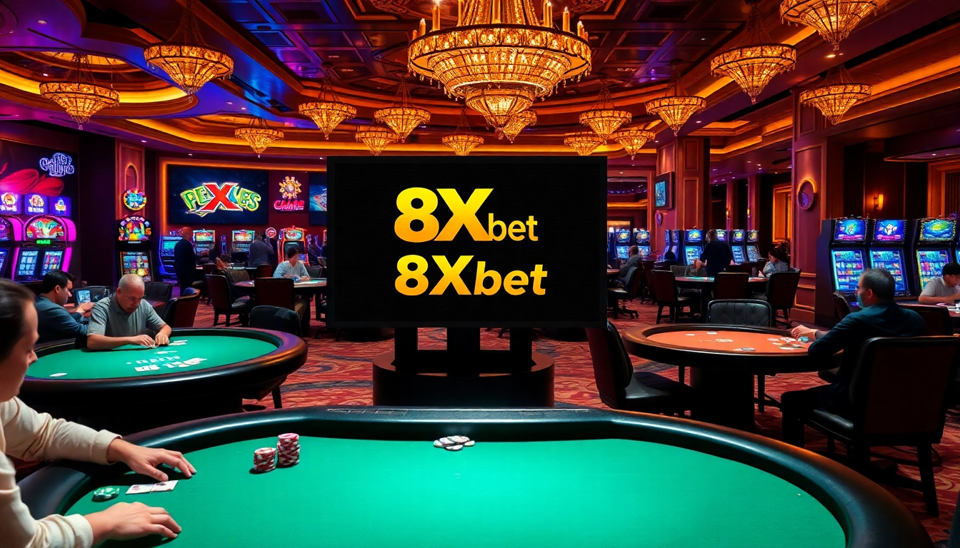 Experience the thrilling action of 8Xbet on an exciting casino floor filled with players and vibrant gaming tables.