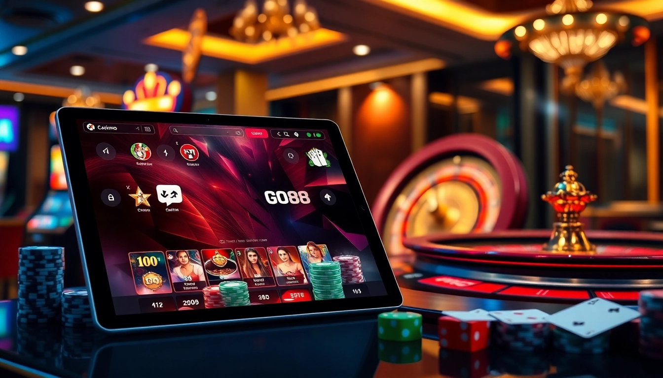 Experience thrilling games with Link Go88 as vibrant casino elements come alive on a tablet.