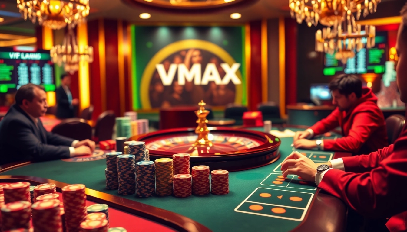 VMAX casino tables with vibrant poker chips and an exciting roulette wheel in a luxurious environment.