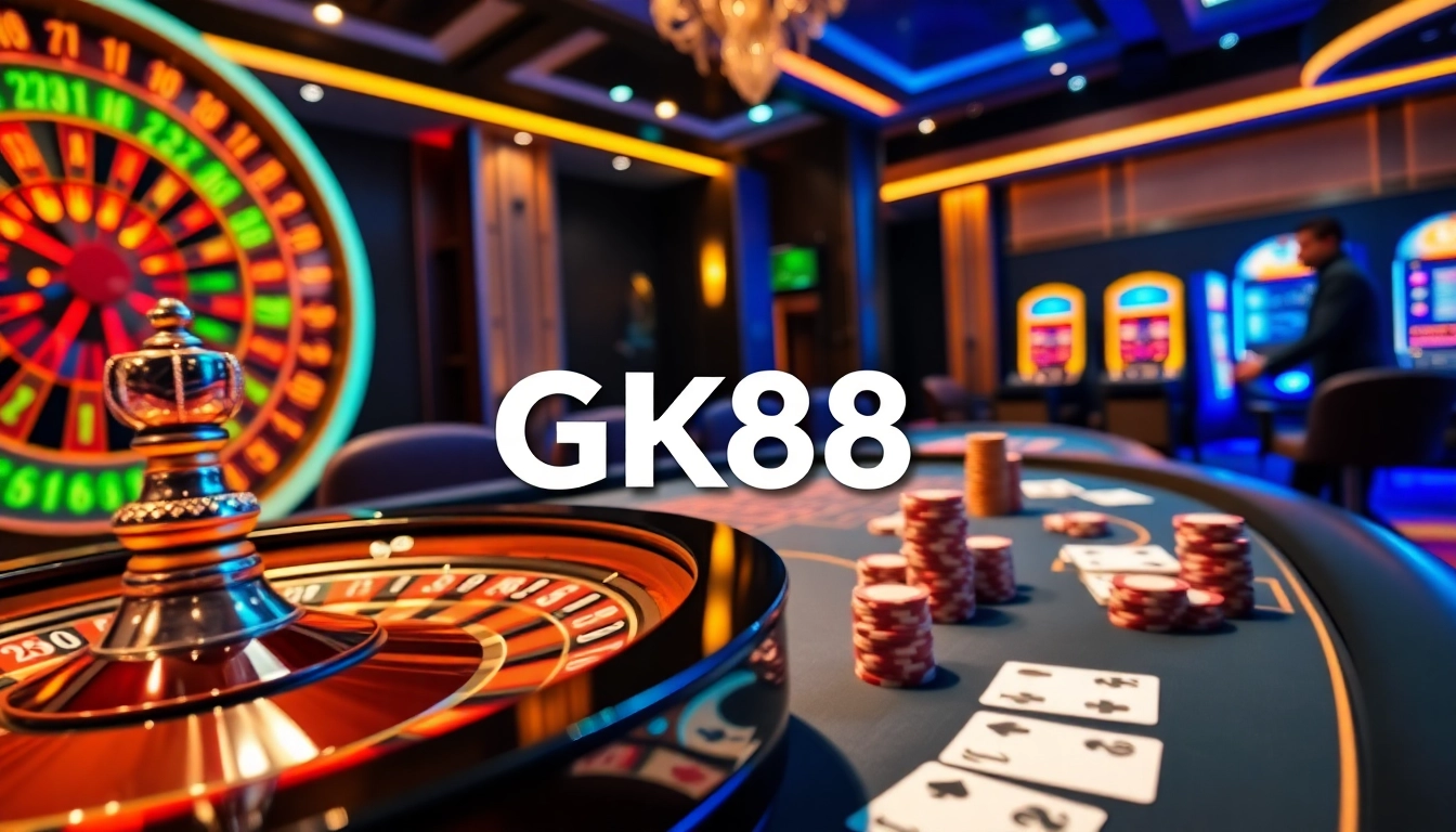 Gk88 tables display high-stakes poker action and roulette excitement in a luxury casino setting.