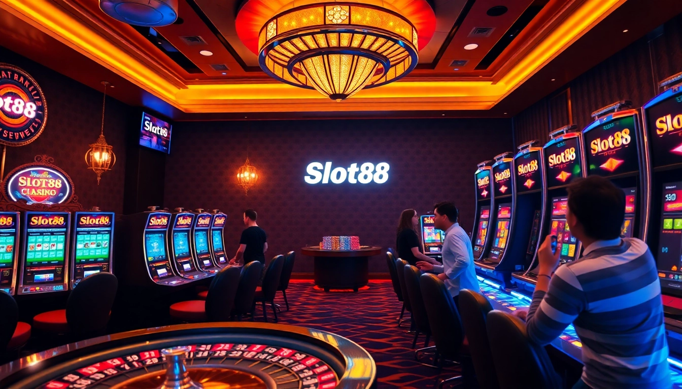 Gamblers enjoying the thrilling slot88 experience at a luxurious casino with vibrant machines and festive atmosphere.