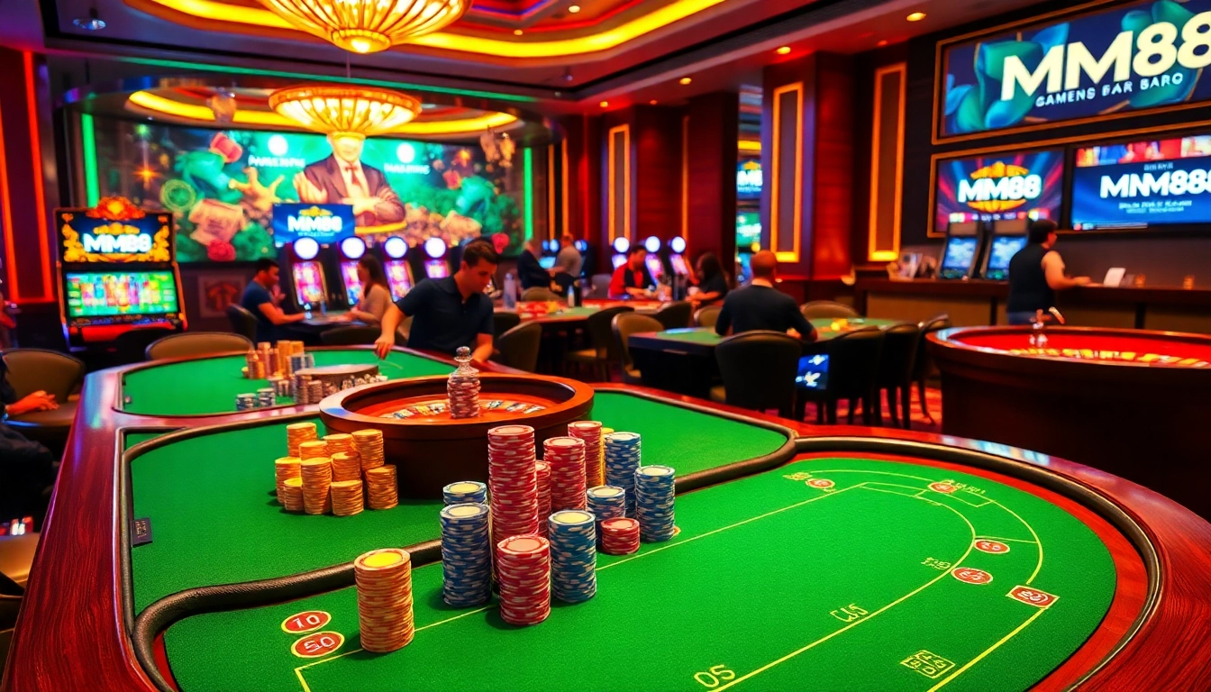 Players enjoying games at an MM88 casino featuring poker chips, cards, and vibrant slot machines.