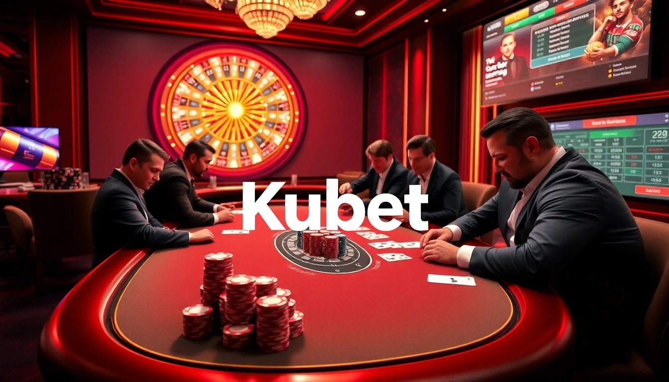 Kubet casino scene with professional poker players, vibrant roulette wheel, and online gambling excitement.