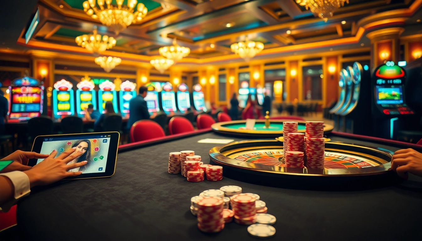 Gamblers enjoying high-stakes action at luxurious gaming tables at https://new8838.net/, with vibrant chips and cards.