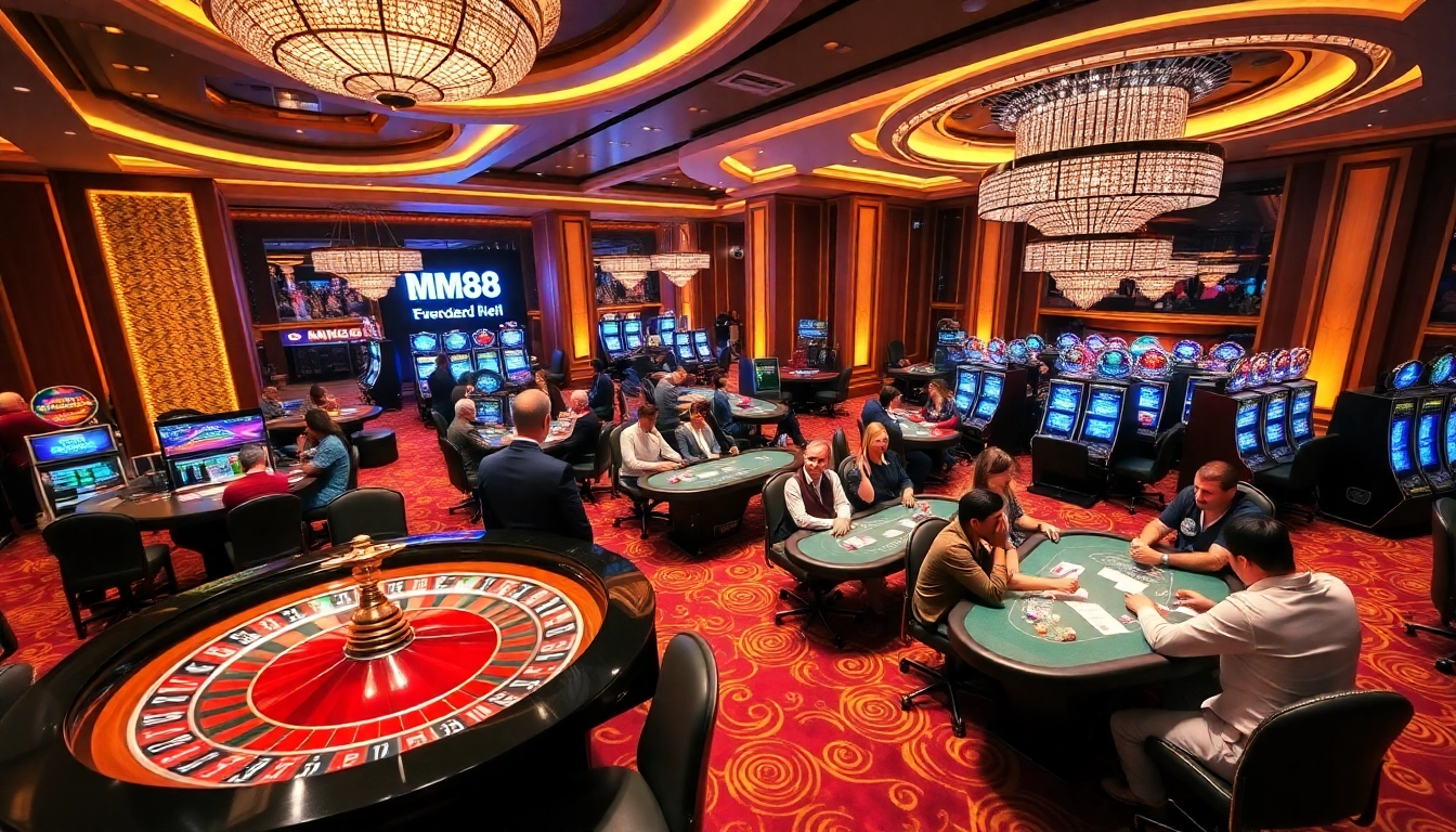 Excited players gaming at MM88 casino tables, with vibrant slot machines and roulette.