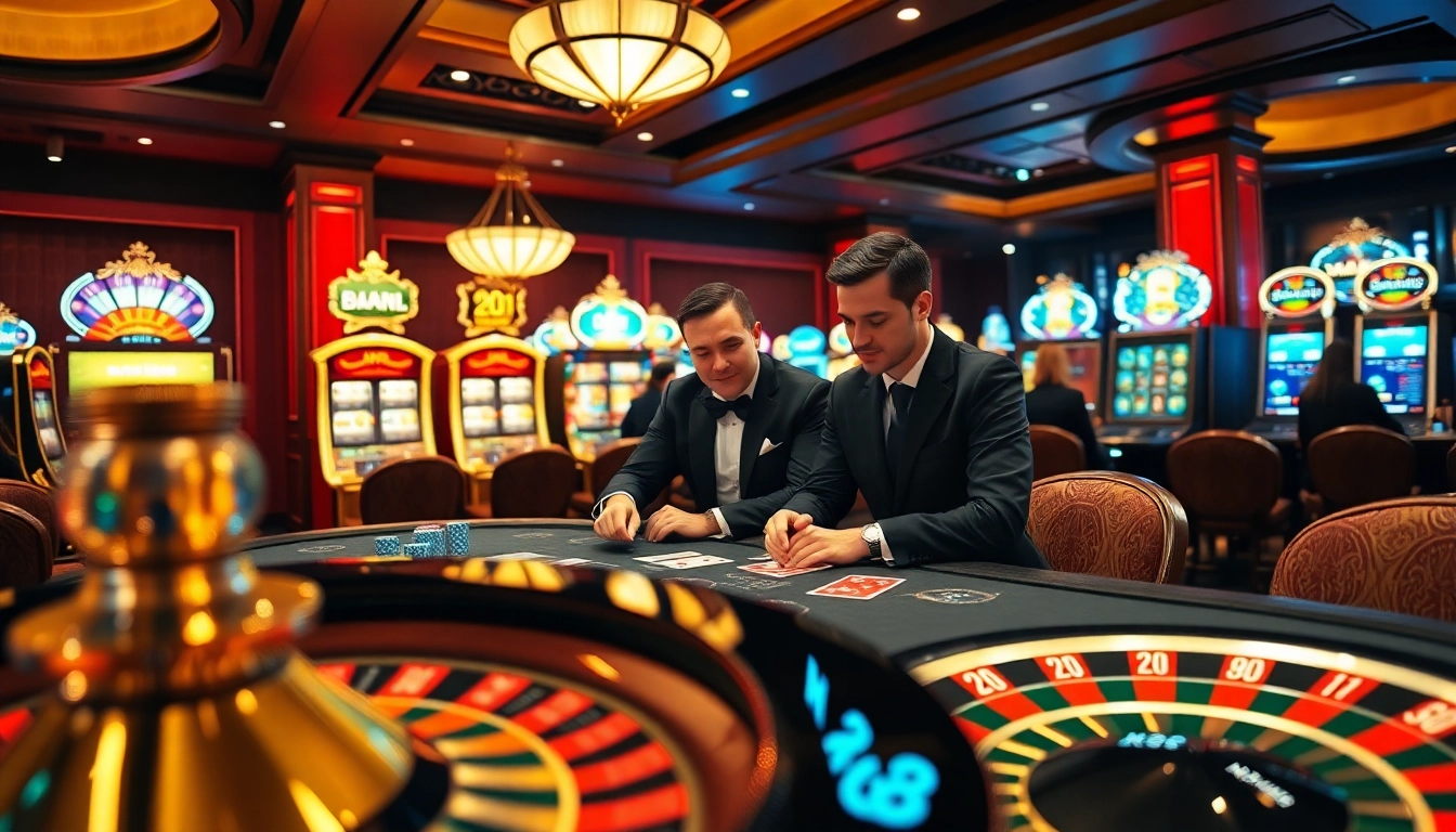 Engaged players enjoying high-stakes poker at NK88 casino, surrounded by vibrant slot machines and roulette wheel.