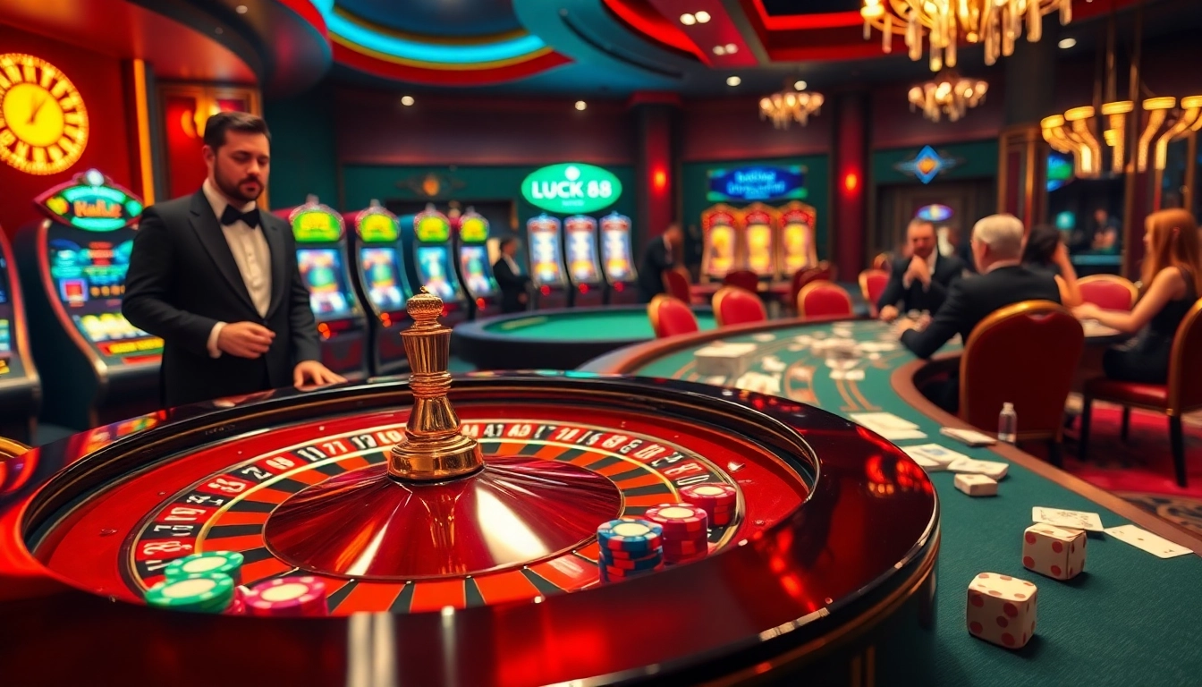 Exciting casino scene at LUCK8 featuring a roulette table, vibrant chips, and engaged players.