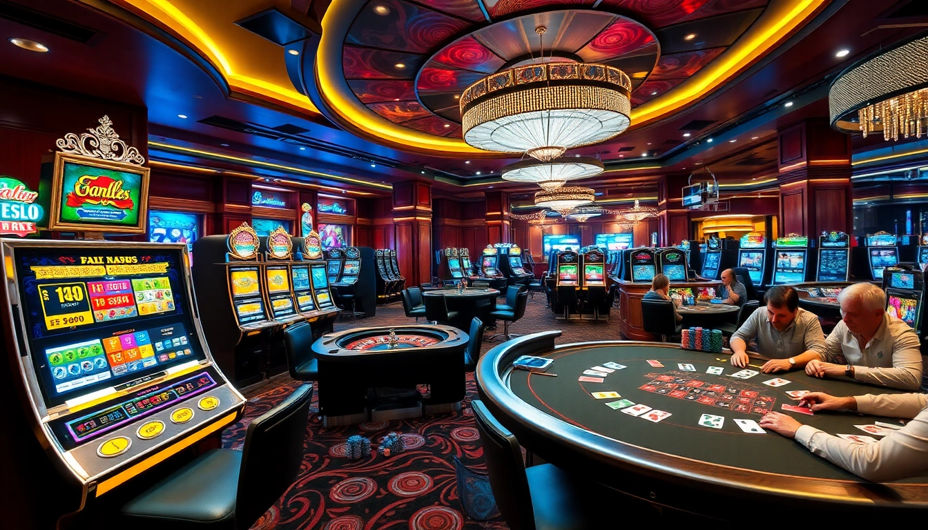Engaging scene of players enjoying diverse games at RR88 casino with exciting slot machines and poker action.
