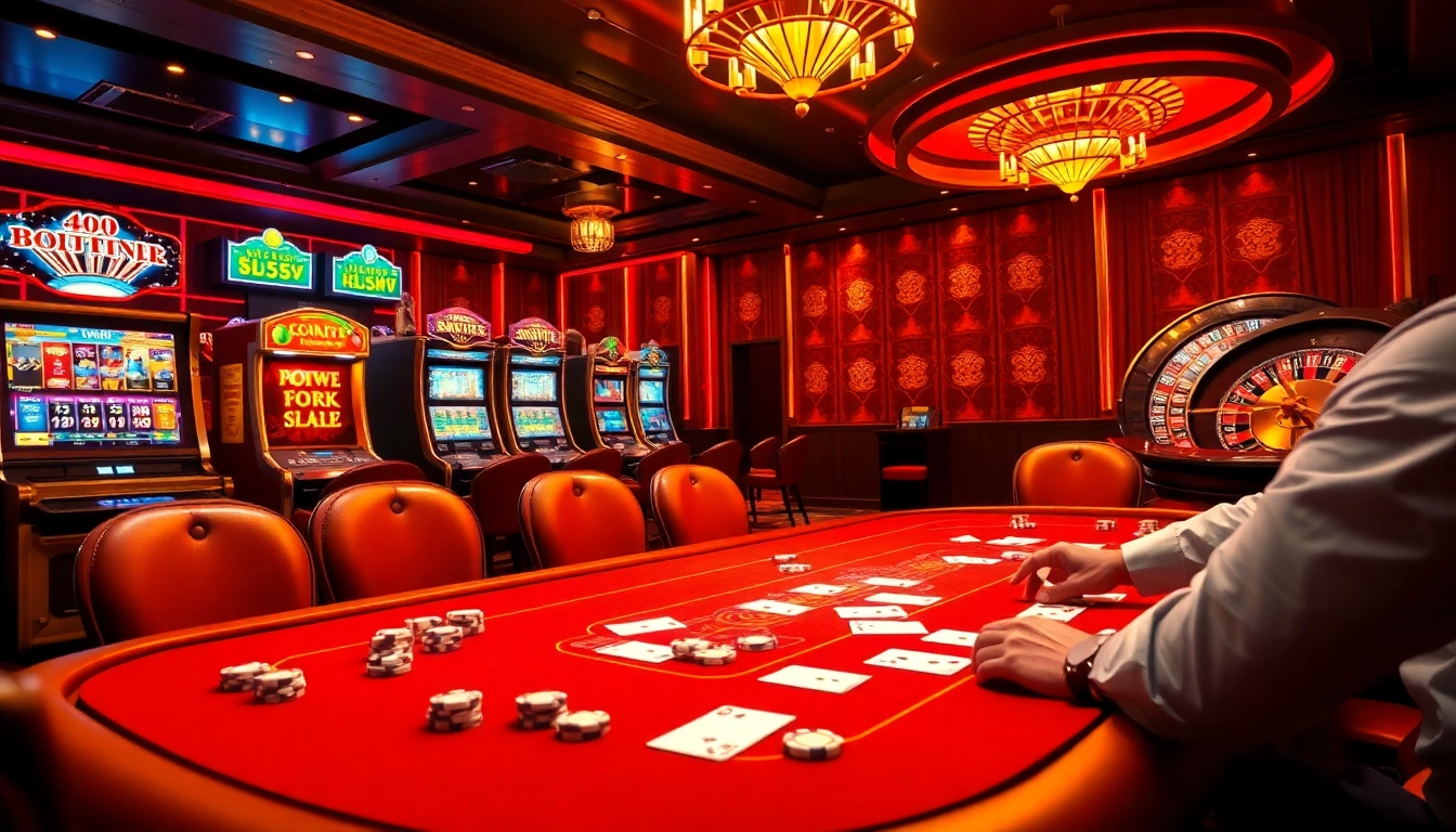 Experience the thrill of bl555 with vibrant slot machines and a high-stakes poker table.