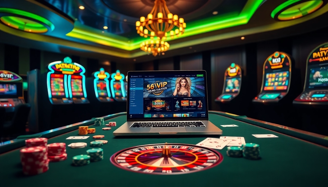 Experience the excitement of Đăng Nhập Nhà Cái 68VIP at a luxurious casino table with vibrant slot machines.