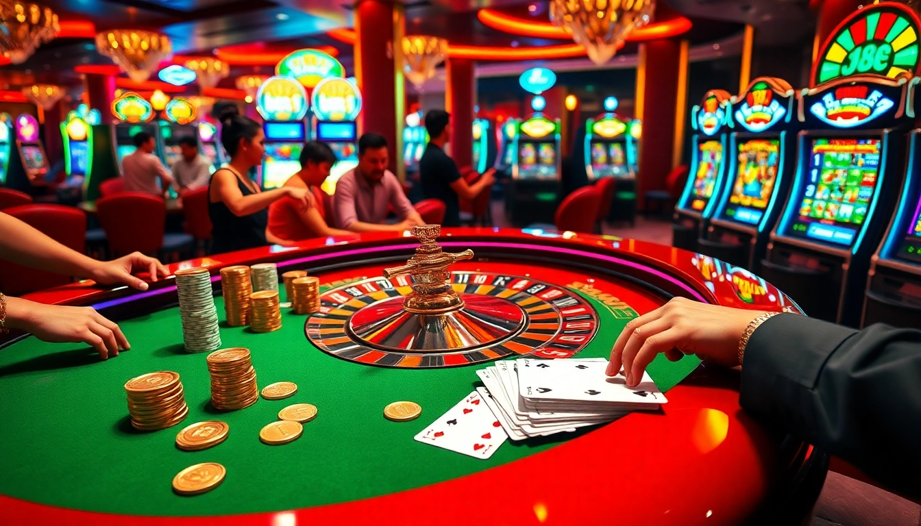 Excited players engage in thrilling games at the J88 casino table, surrounded by luxury and vibrant ambiance.
