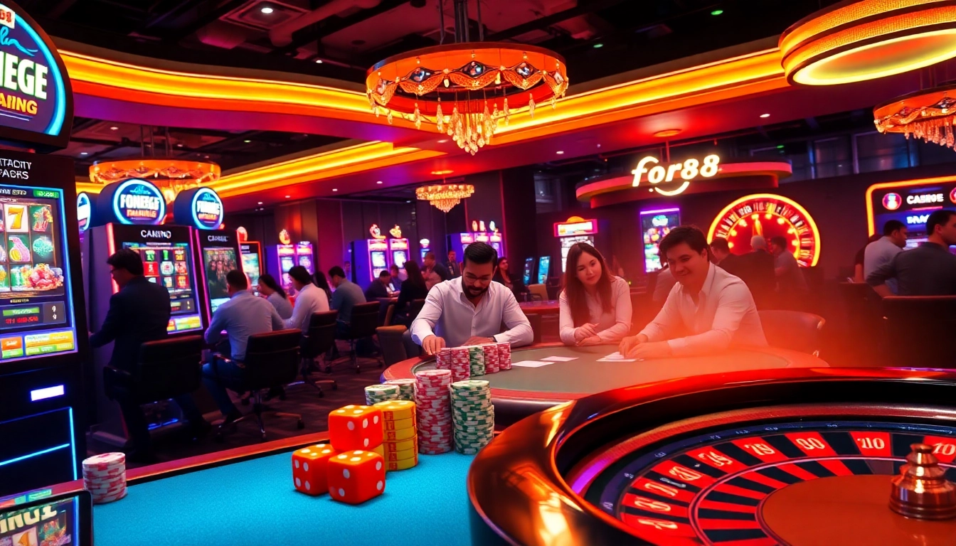 Experience thrilling gameplay at for88 with vibrant slot machines and professional poker players.