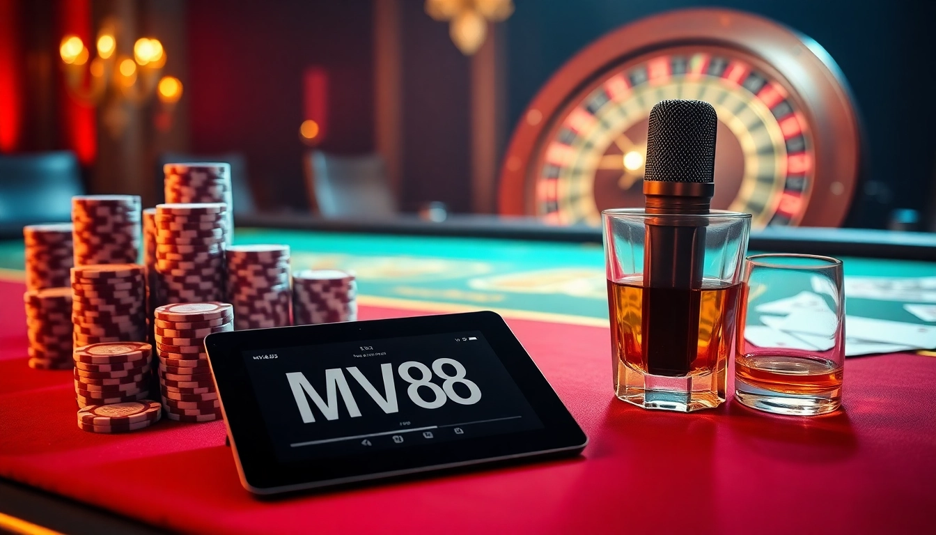 Capturing the thrill of gambling, this image showcases MV88 alongside poker chips and cards in a luxurious casino setting.