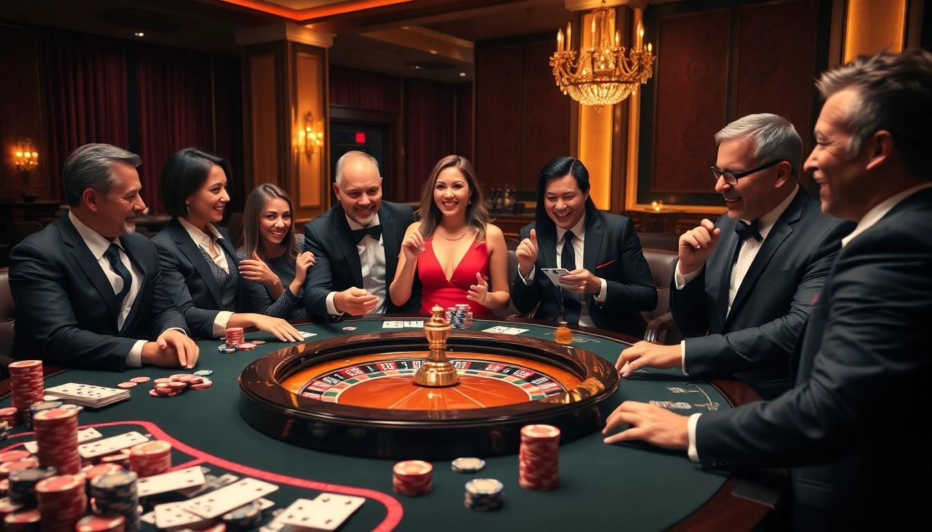 A vibrant casino scene depicting diverse gamblers around a table, embodying excitement in nohu90 gaming.