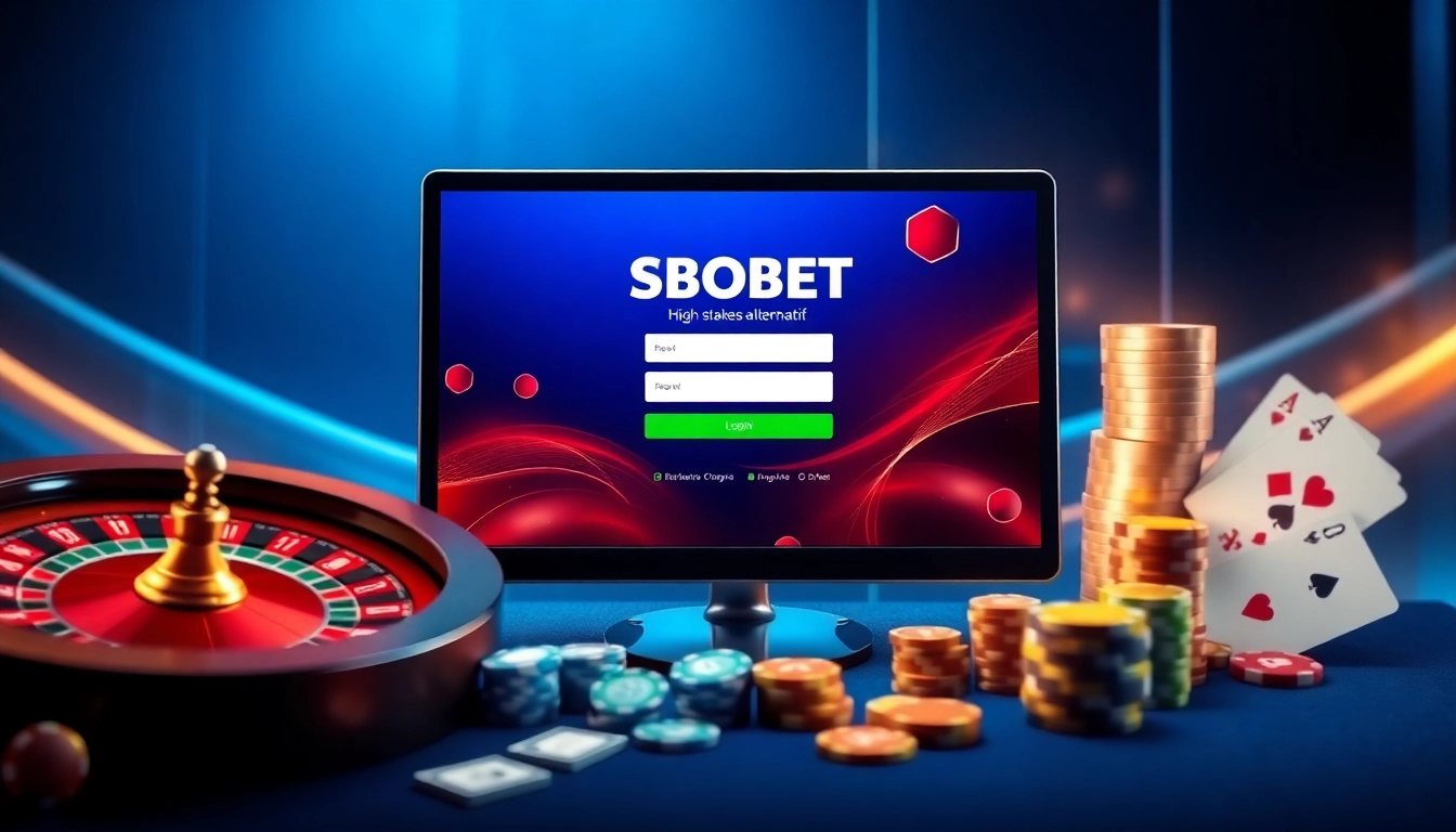 Experience high-stakes betting with sbobet link alternatif on a vibrant online gambling interface featuring cards and roulette.