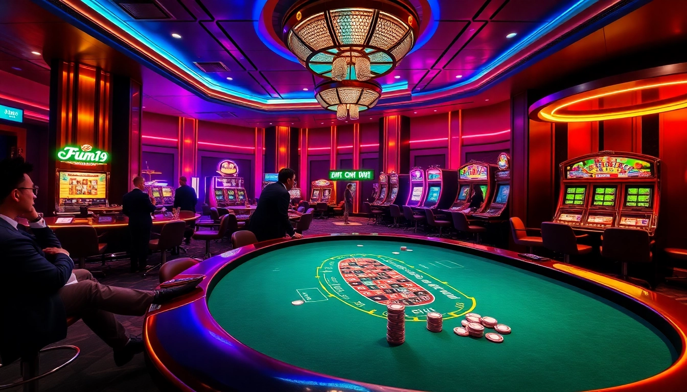 Stylish poker gaming scene at fun79 casino featuring high-stakes tables and vibrant slot machines.