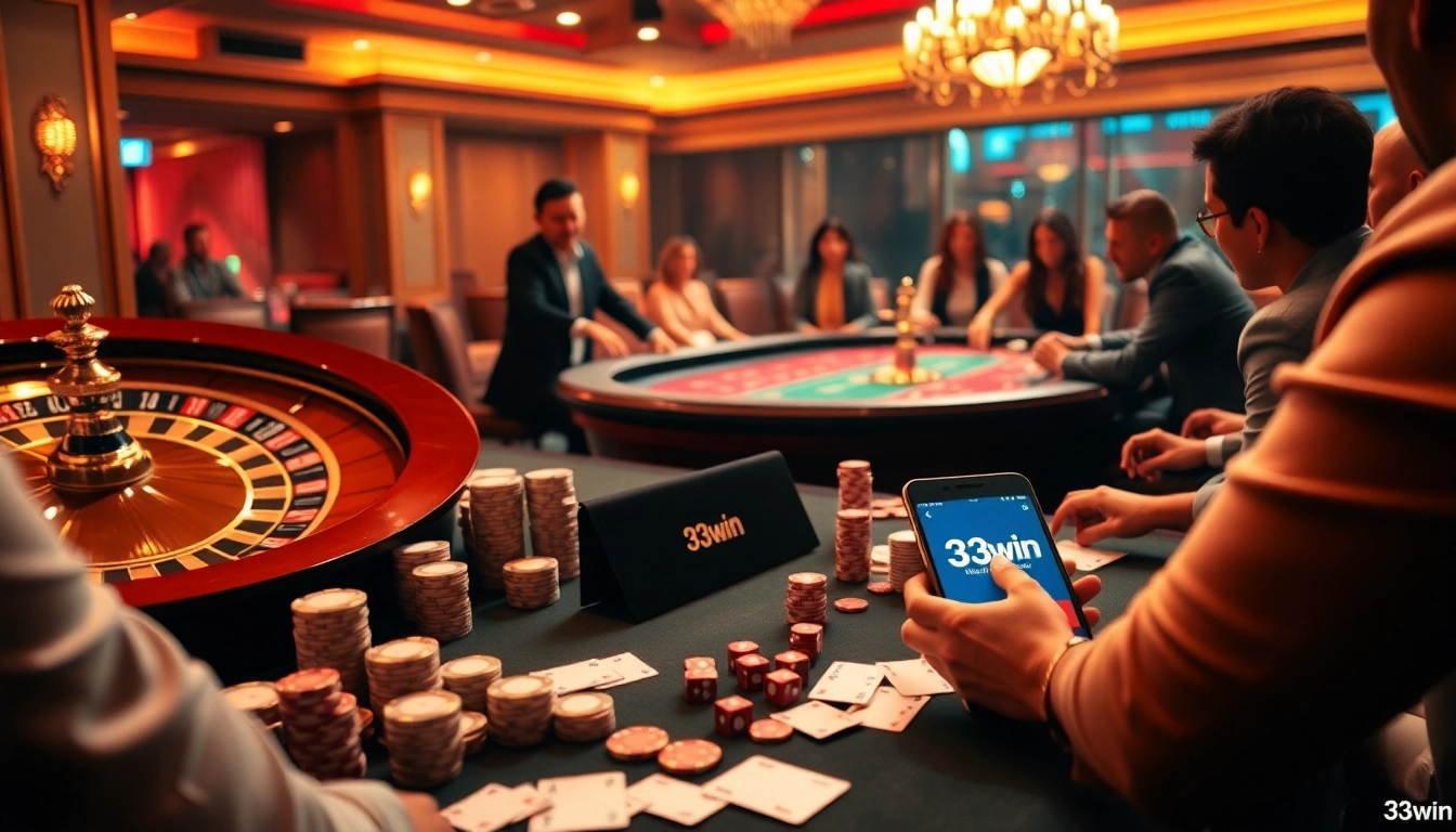 33win poker action at a vibrant casino table, showcasing luxury and high-stakes excitement.