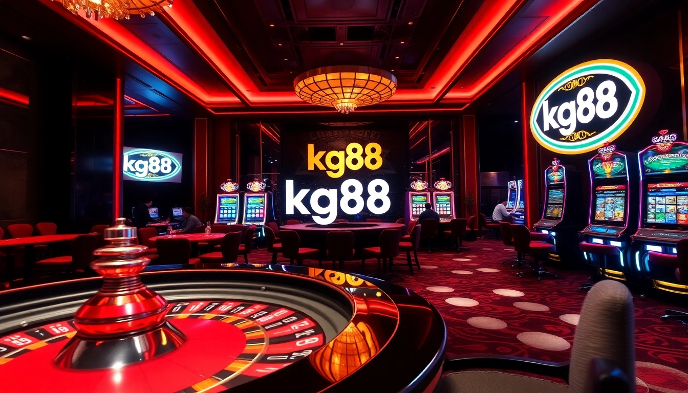 Experience thrilling gaming at KG88 casino with roulette tables and vibrant slot machines.