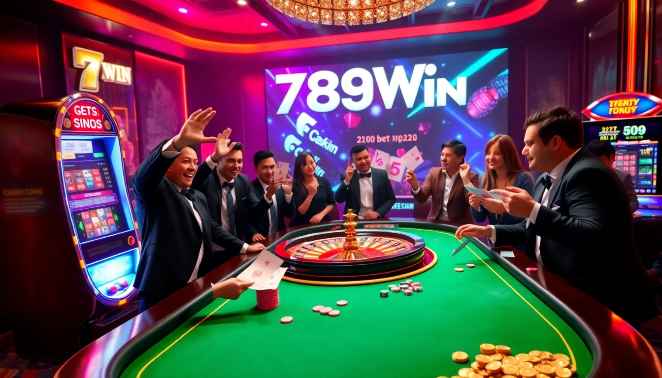 Players strategizing their bets at a lively 789Win casino table with colorful chips and a spinning roulette wheel.