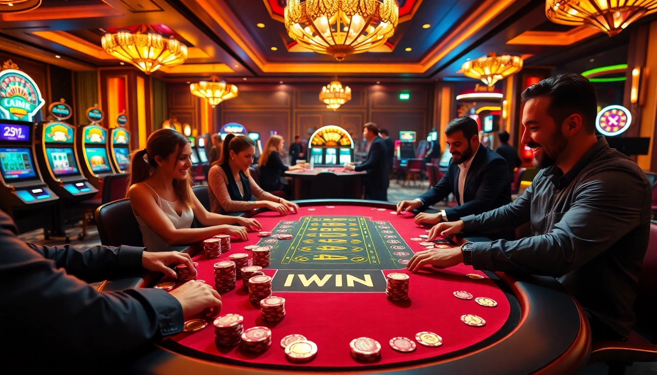 IWIN casino players enjoying an exciting poker game with vibrant chips and an elegant atmosphere.