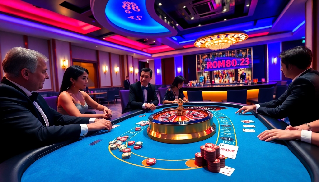 MM88 players strategizing at a vibrant poker table in an elegant casino atmosphere.