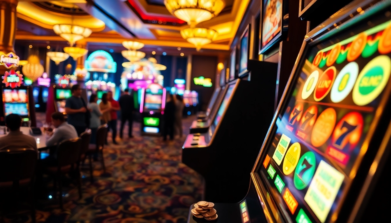 Engaging Slots experience in a vibrant casino with colorful machines and excited players.