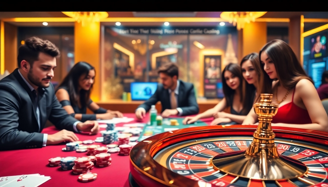 Exciting casino scene showcasing online gambling at https://33win68.io/ with cards, chips, and a roulette wheel.
