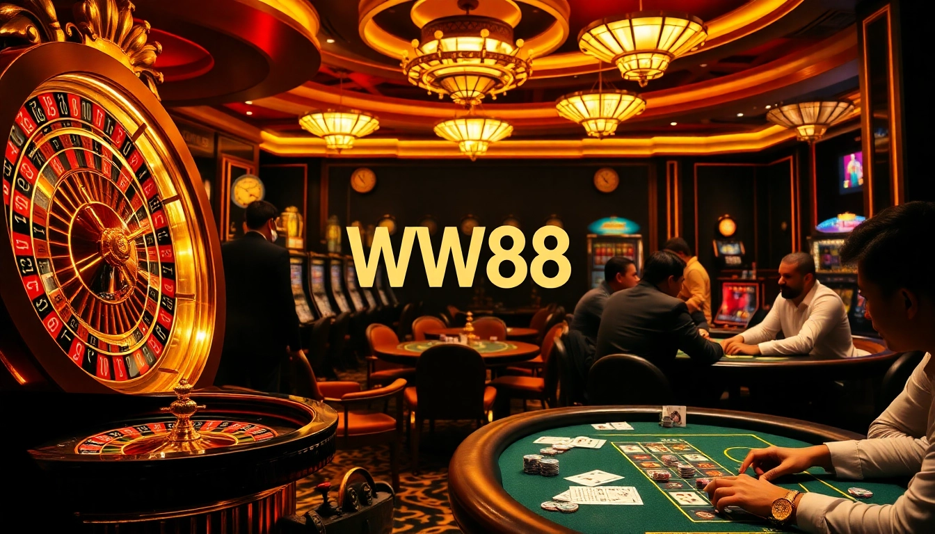 WW88 players enjoying exciting casino games at a luxurious gambling establishment.