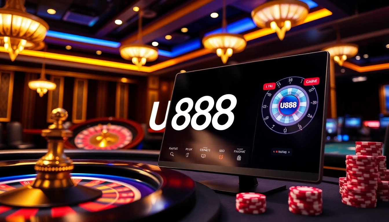 U888 gaming interface displayed on sleek devices amid an elegant casino setting showcasing excitement.