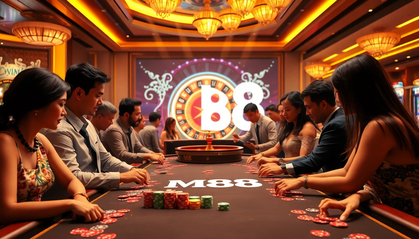 M88 gaming table surrounded by vibrant poker chips and slot machines, reflecting professional casino excitement.
