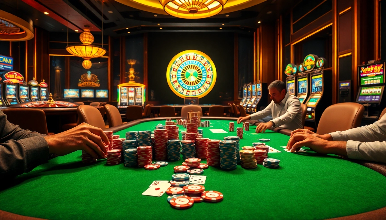 Players enjoying a thrilling game at an i9bet poker table featuring vibrant chips and cards.