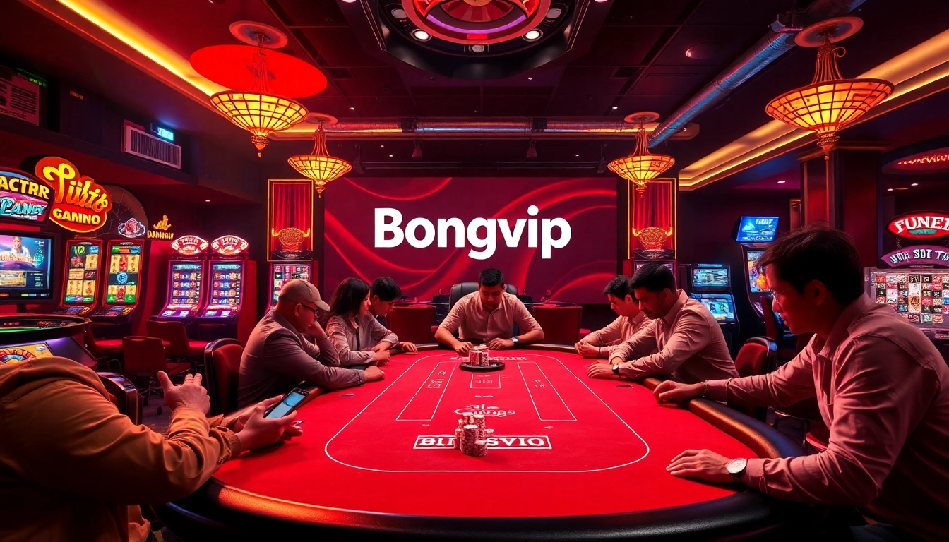 Bongvip gaming enthusiasts engaged in high-stakes poker in a luxurious casino atmosphere.